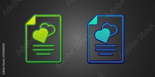 Green and blue Marriage contract icon isolated on black background. Wedding certificate. Vector