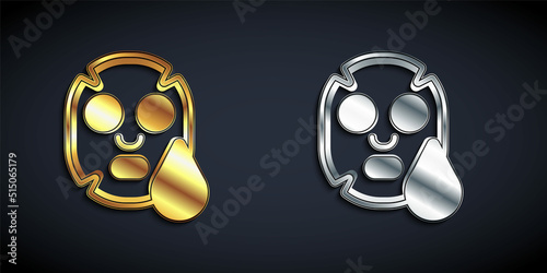 Gold and silver Facial cosmetic mask icon isolated on black background. Cosmetology, medicine and health care. Long shadow style. Vector
