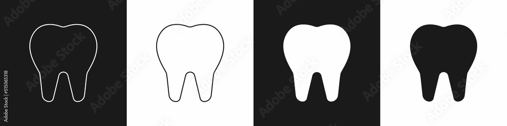Set Tooth icon isolated on black and white background. Tooth symbol for dentistry clinic or dentist medical center and toothpaste package. Vector