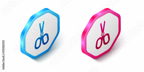 Isometric Scissors icon isolated on white background. Tailor symbol. Cutting tool sign. Hexagon button. Vector photo
