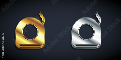 Gold and silver Dental floss icon isolated on black background. Long shadow style. Vector