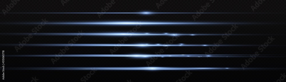 blue neon glowing rays set, horizontal light line