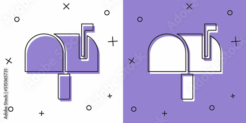 Set Mail box icon isolated on white and purple background. Mailbox icon. Mail postbox on pole with flag. Vector
