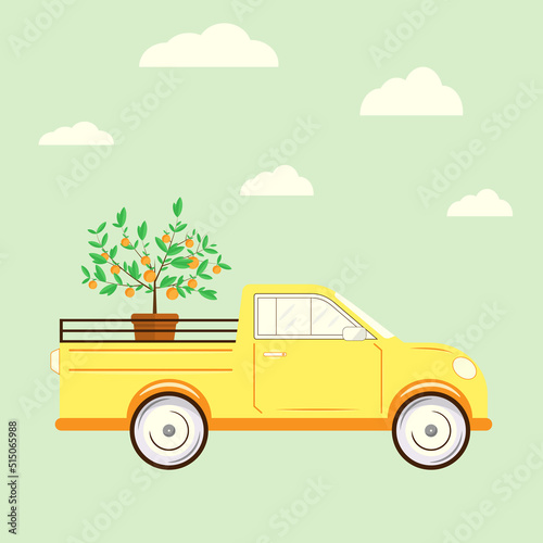 fast plant delivery. tangerine tree in a yellow pickup truck. flat yellow car on a green background