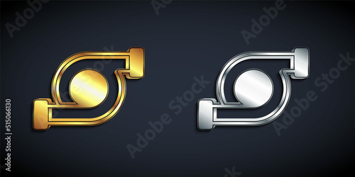 Gold and silver Automotive turbocharger icon isolated on black background. Vehicle performance turbo. Turbo compressor induction. Long shadow style. Vector