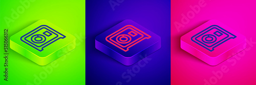 Isometric line Safe icon isolated on green, blue and pink background. The door safe a bank vault with a combination lock. Reliable Data Protection. Square button. Vector