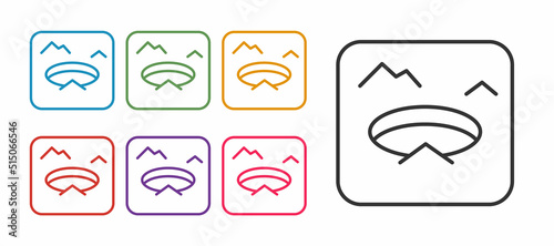 Set line Winter fishing icon isolated on white background. Round ice frame. Hole in ice. Set icons colorful. Vector