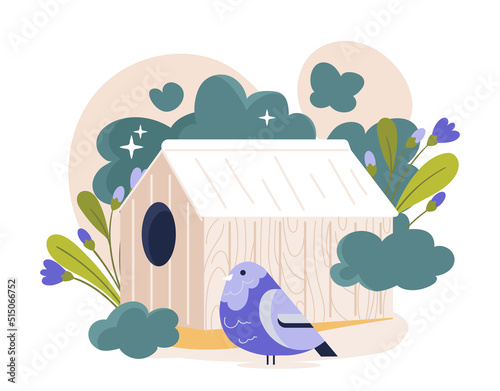 Spring labels concept. Bird next to birdhouse, blue animals. Nature and forest dwellers. Summer time of year and housing for little ones. Beautiful character. Cartoon flat vector illustration