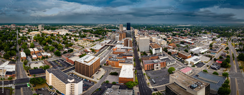 Wide angle aerial panorama of downtown Lexington, Kentucky
