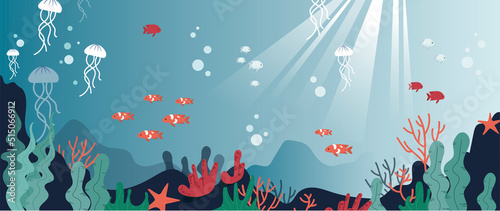 Undersea panorama concept. Suns rays break through water  soft light. Fish and other representatives of underwater world. Wallpaper for smartphone or computer. Cartoon flat vector illustration