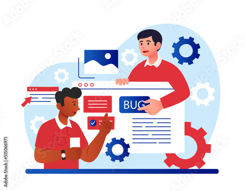 Software testing concept. Men develop interface for website. Programmers test application or program by fixing bugs in code. Modern technologies and digital world. Cartoon flat vector illustration
