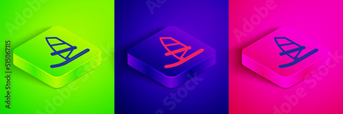 Isometric line Windsurfing icon isolated on green, blue and pink background. Square button. Vector