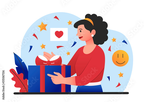 Boxing day concept. Girl for Christmas or New Year opens gifts from friends and family. Advertising poster or banner for website, discounts for winter holidays. Cartoon flat vector illustration