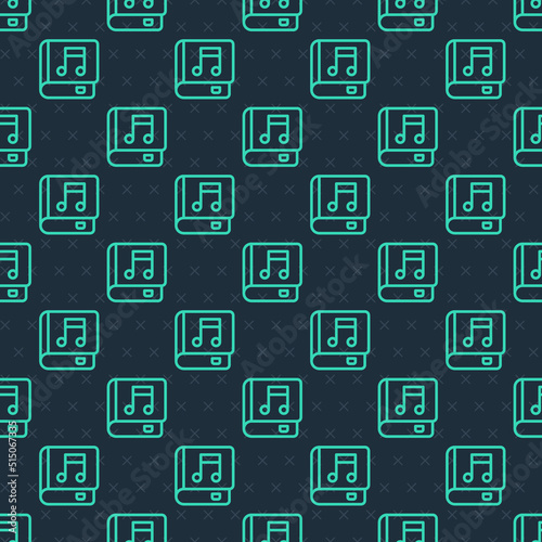 Green line Audio book icon isolated seamless pattern on blue background. Musical note with book. Audio guide sign. Online learning concept. Vector