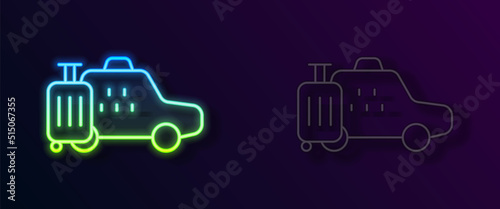 Glowing neon line Taxi car icon isolated on black background. Vector