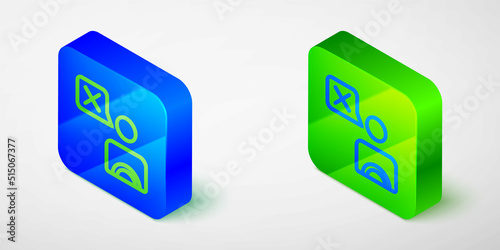 Isometric line Taxi driver icon isolated grey background. Blue and green square button. Vector