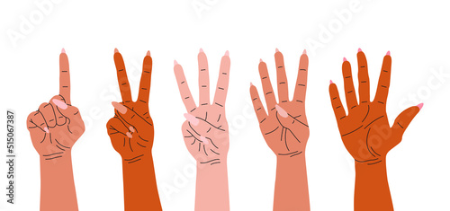 A flat vector set of hands demonstrating gestures by flexing the fingers. Isolated design on a white background.