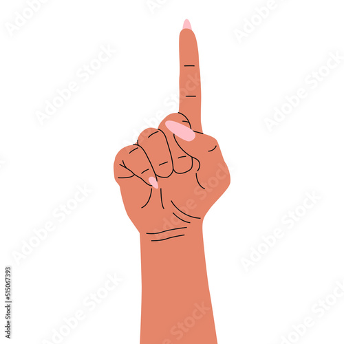 A flat vector illustration of a hand with a raised index finger. Gesture symbol number one.