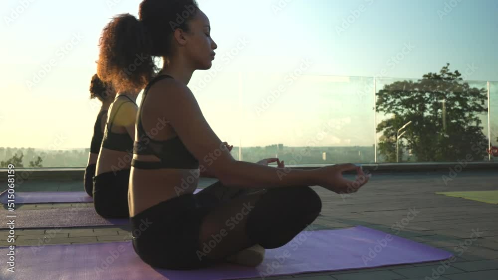 Young women group meditate breath fresh air during retreat yoga class on sunrise outdoors. Calm healthy mindful diverse people doing yoga exercise on sunset urban park in summer together.