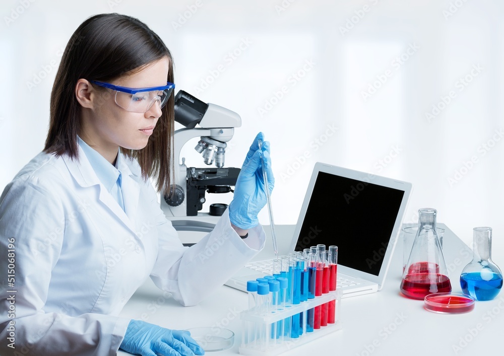 science research, work and people concept, scientist with microscope working in laboratory science research, work and people concept, scientist with microscope working in laboratory