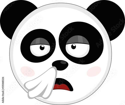 Vector illustration of the face of a cartoon panda bear with a cold and with a handkerchief on his nose