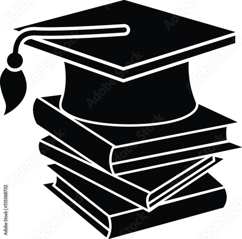 Black and White Cartoon Illustration Vector of a University Graduates Mortarboard and Book Stack