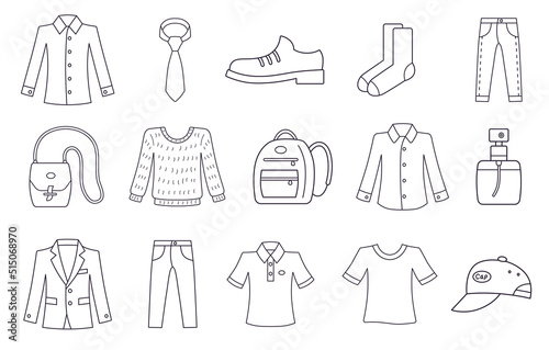 Men clothing and fashion items isolated vector line icons set. Shirt  necktie  shoes  socks  jeans pants  bag  sweater sweatshirt  backpack  perfume bottle  blazer or suit jacket  t shirt and cap.