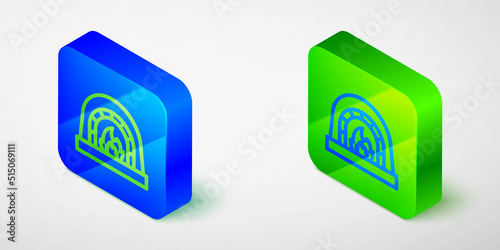 Isometric line Blacksmith oven icon isolated on grey background. Blue and green square button. Vector