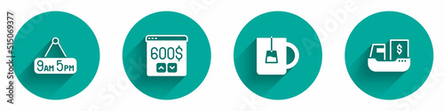 Set From 9 to 5 job, Monitor with dollar, Cup of tea and Cargo ship boxes delivery icon with long shadow. Vector