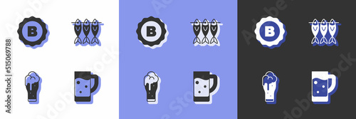 Set Glass of beer, Bottle cap, and Dried fish icon. Vector