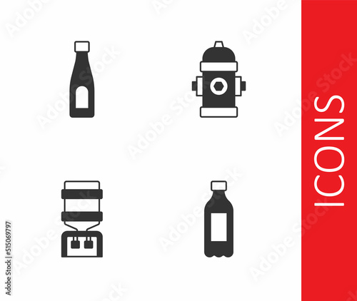 Set Bottle of water, Water cooler and Fire hydrant icon. Vector