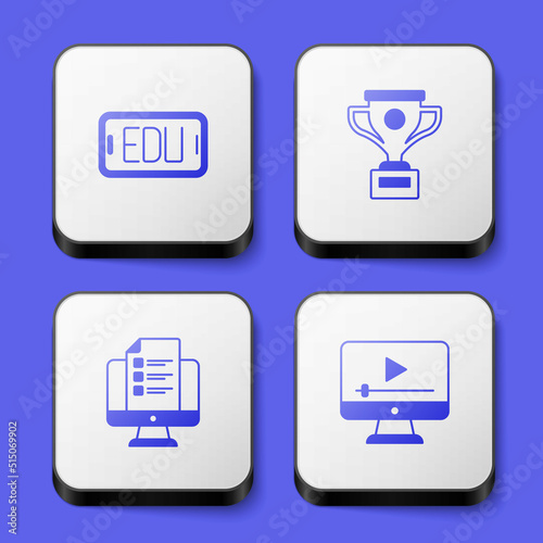 Set Online education, Award cup, quiz, test, survey and play video icon. White square button. Vector