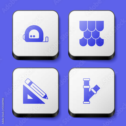 Set Roulette construction, Roof tile, Triangular ruler and pencil and Industry metallic pipe icon. White square button. Vector