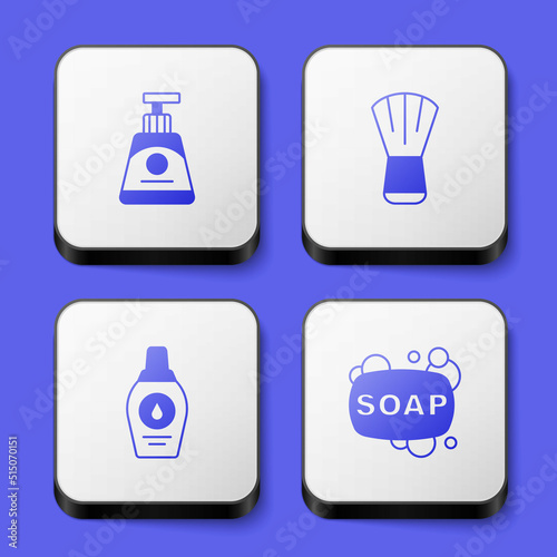 Set Cream or lotion cosmetic tube, Makeup brush, Bottle of shampoo and Bar soap icon. White square button. Vector
