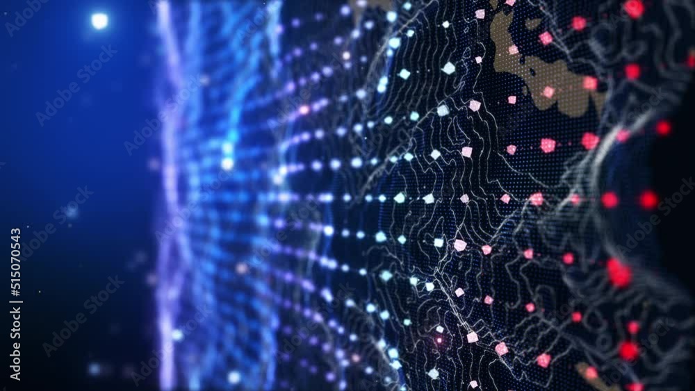 Vertical footage. Glow red pink purple blue digital landscape with cube particle. Crypto currency, big data, block chain and digital technology concept. 3D Rendering.