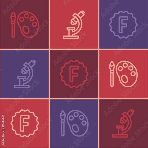 Set line Paint brush with palette, Exam paper incorrect answers and Microscope icon. Vector