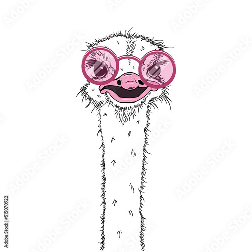 Portrait of a three Funny Ostrich in a pink glasses. Humor card, t-shirt composition, hand drawn style print. Vector illustration.