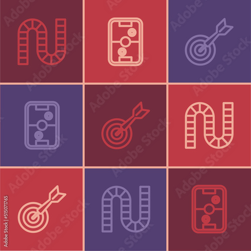 Set line Board game, Classic dart board and arrow and Air hockey table icon. Vector