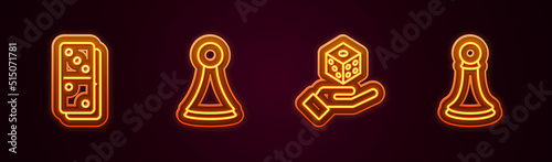 Set line Domino, Chip for board game, Game dice and Chess pawn. Glowing neon icon. Vector