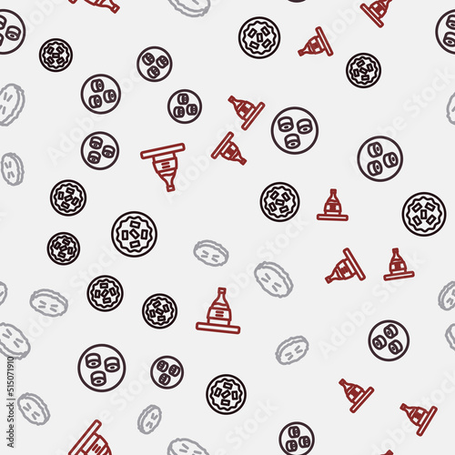 Set line Homemade pie, Sushi, and Bottle of sake on seamless pattern. Vector