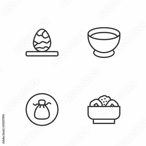 Set line Chow mein on plate, Wonton, Chinese tea egg and Soy sauce bowl icon. Vector