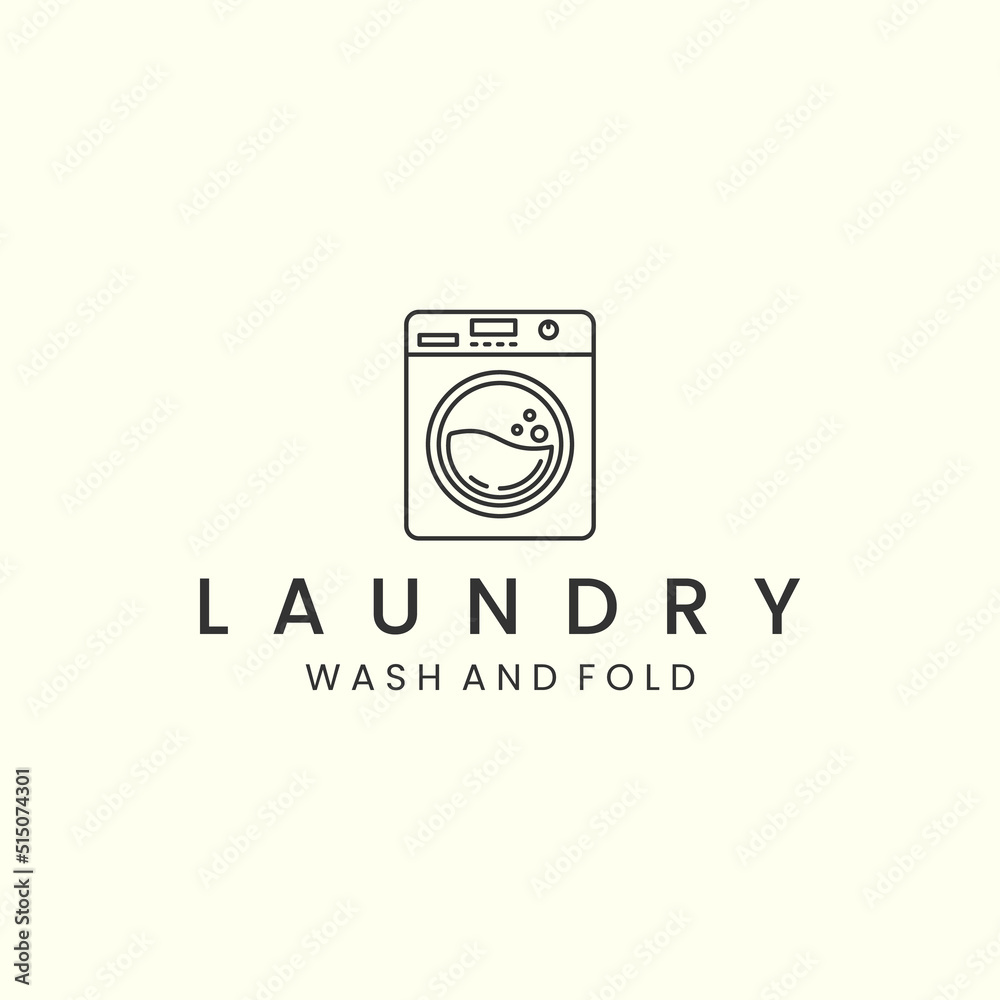 laundry with linear style logo icon template design. washing machine, soap, water, vector illustration