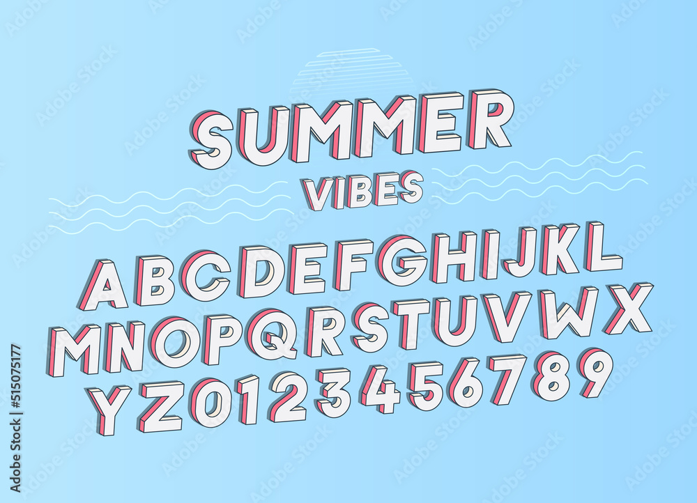 Summer Vibes font effect design with retro colors. Vector art. Includes full alphabet and numbers Summer Vibes font effect design with retro colors. Vector art. Includes full alphabet and numbers