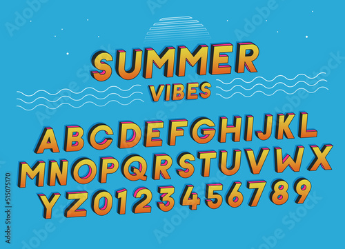Summer Vibes font effect design with vivid colors. Vector art. Includes full alphabet and numbers