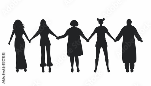 Women holding hands. Black silhouettes of women. International Women's Day concept. Women's community. Female solidarity. Different women silhouettes. Vector illustration.