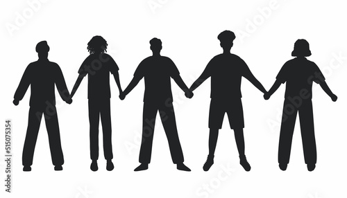 Men holding hands. Black silhouettes of men. Stronger together concept. Men's community. Male solidarity. Different men silhouettes. Vector illustration.