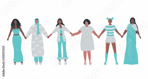 Women holding hands. Diverse group of people. International Women's Day concept. Women's community. Female solidarity. Different women silhouettes. Vector illustration