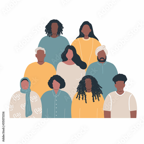 Diverse group of people. Crowd of people. Stronger together concept. Solidarity of different men and women. Different human silhouettes. Vector illustration