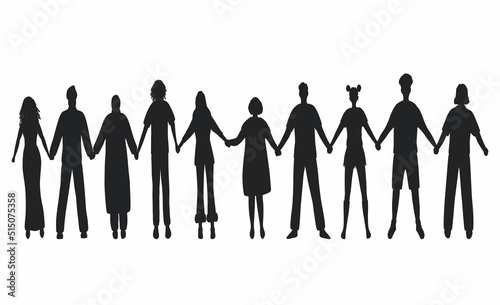 People holding hands. Black silhouettes of men and women. Stronger together concept. Solidarity of different men and women. Different human silhouettes. Vector illustration.