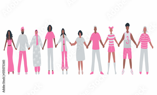 People holding hands. Diverse group of people. Stronger together concept. Solidarity of different men and women. Human silhouettes of different races, different ages. Vector illustration